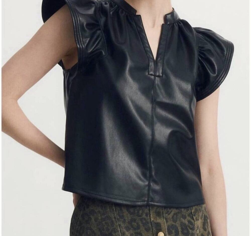 Melissa Nepton Kamilla Black Faux Leather Ruffle Cap Sleeve Top L